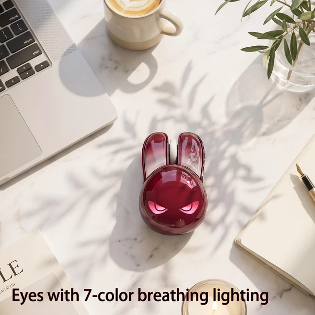 Alt view image 2 of 4 - Rechargeable Wireless Mouse, Bluetooth & 2.4 GHz, Quiet Clicks, Compact Rabbit Design with 7-Color LED Eyes, Gradient Burgundy