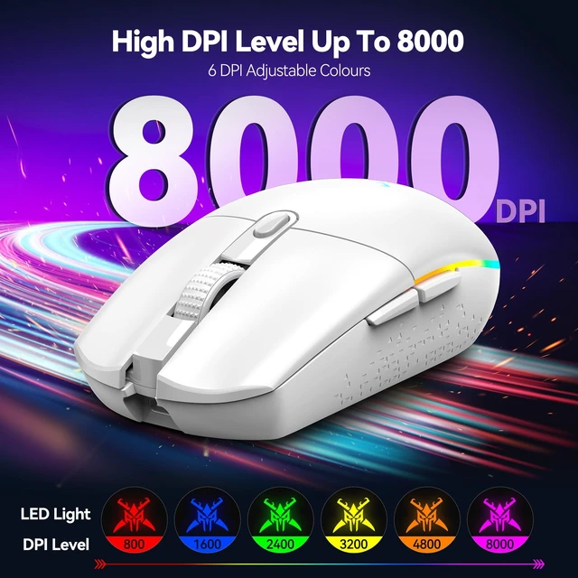 Alt view image 2 of 7 - Wireless Gaming Mouse 8000 DPI RGB Backlit Rechargeable Mouse-White | 6 Programmable Buttons, 100Hrs Battery, Dual Mode(2.4G + USB-C), Ergonomic Design for Laptop, PC, Mac and Gaming Setup