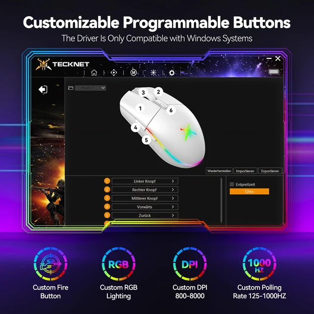 Alt view image 4 of 7 - Wireless Gaming Mouse 8000 DPI RGB Backlit Rechargeable Mouse-White | 6 Programmable Buttons, 100Hrs Battery, Dual Mode(2.4G + USB-C), Ergonomic Design for Laptop, PC, Mac and Gaming Setup