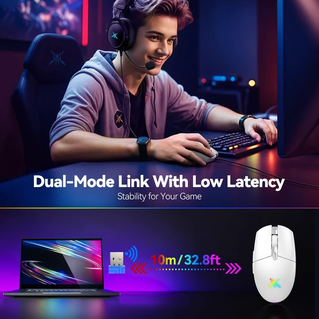 Alt view image 3 of 7 - Wireless Gaming Mouse 8000 DPI RGB Backlit Rechargeable Mouse-White | 6 Programmable Buttons, 100Hrs Battery, Dual Mode(2.4G + USB-C), Ergonomic Design for Laptop, PC, Mac and Gaming Setup