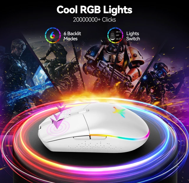 Alt view image 5 of 7 - Wireless Gaming Mouse 8000 DPI RGB Backlit Rechargeable Mouse-White | 6 Programmable Buttons, 100Hrs Battery, Dual Mode(2.4G + USB-C), Ergonomic Design for Laptop, PC, Mac and Gaming Setup
