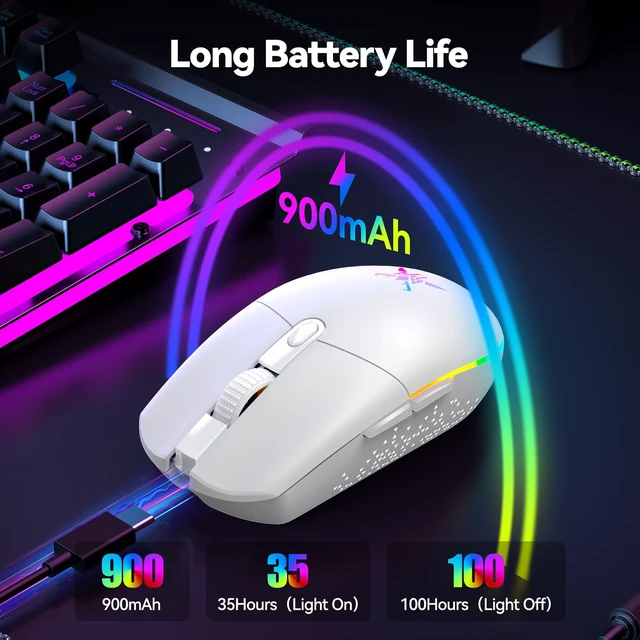 Alt view image 6 of 7 - Wireless Gaming Mouse 8000 DPI RGB Backlit Rechargeable Mouse-White | 6 Programmable Buttons, 100Hrs Battery, Dual Mode(2.4G + USB-C), Ergonomic Design for Laptop, PC, Mac and Gaming Setup