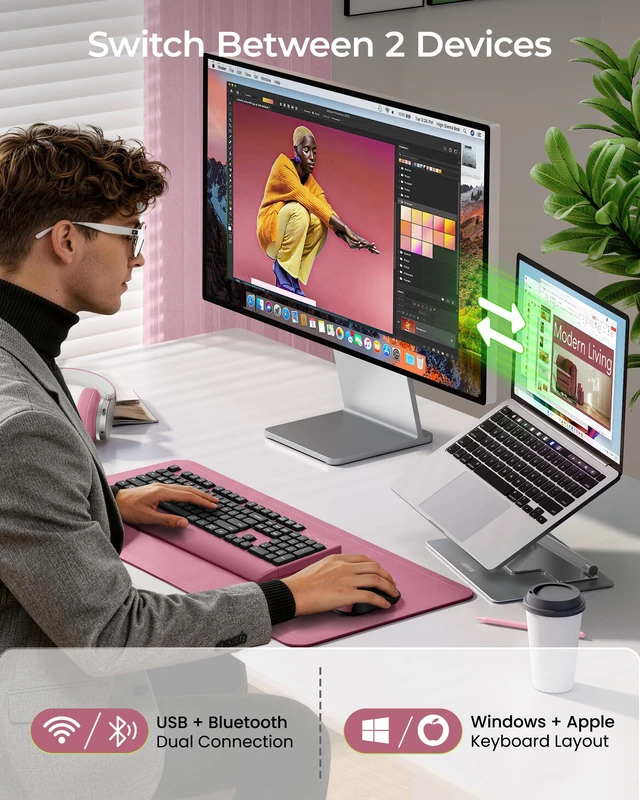 Alt view image 2 of 7 - COE200 Wireless Bluetooth Keyboard and Mouse Combo with Wrist Rest | USB/Bluetooth multi-device switching, quiet clicks, full-size ergonomic set for PC, laptop, Mac, and MacBook, Black Red