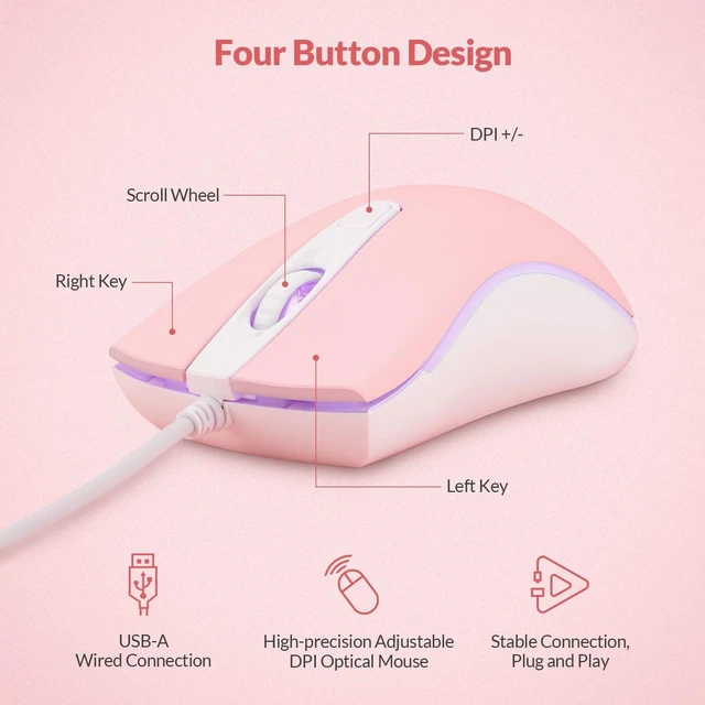 Alt view image 3 of 7 - RM105 RGB Wired Mouse, 1600 DPI USB Optical Computer Mouse, Ergonomic Office Mice,Compatible with PC, Laptop, Desktop, Windows Pink