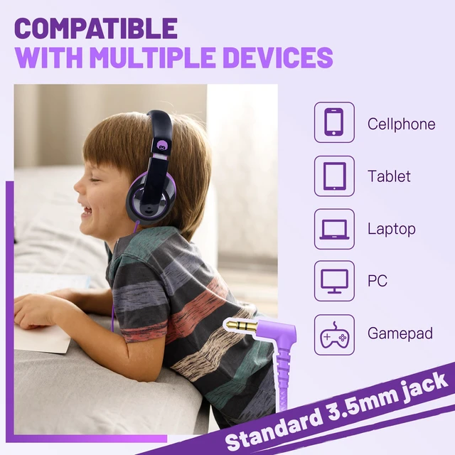 Alt view image 3 of 7 - Comfort Foldable Kids Headphones Wired for School with 3.5mm Cord | Lightweight Portable Corded Childs Boys Girls Youth Head phones for Airplane Chromebooks Phones Laptop Black/Purple
