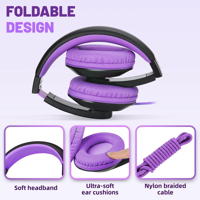 Alt view image 2 of 7 - Comfort Foldable Kids Headphones Wired for School with 3.5mm Cord | Lightweight Portable Corded Childs Boys Girls Youth Head phones for Airplane Chromebooks Phones Laptop Black/Purple