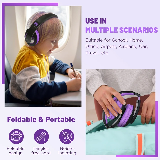 Alt view image 5 of 7 - Comfort Foldable Kids Headphones Wired for School with 3.5mm Cord | Lightweight Portable Corded Childs Boys Girls Youth Head phones for Airplane Chromebooks Phones Laptop Black/Purple