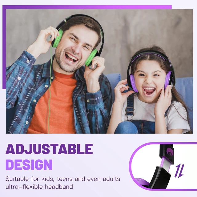 Alt view image 6 of 7 - Comfort Foldable Kids Headphones Wired for School with 3.5mm Cord | Lightweight Portable Corded Childs Boys Girls Youth Head phones for Airplane Chromebooks Phones Laptop Black/Purple