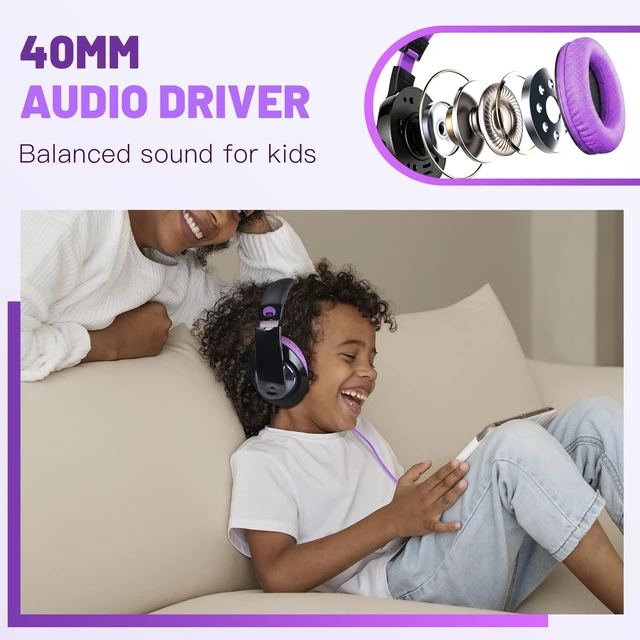 Alt view image 7 of 7 - Comfort Foldable Kids Headphones Wired for School with 3.5mm Cord | Lightweight Portable Corded Childs Boys Girls Youth Head phones for Airplane Chromebooks Phones Laptop Black/Purple