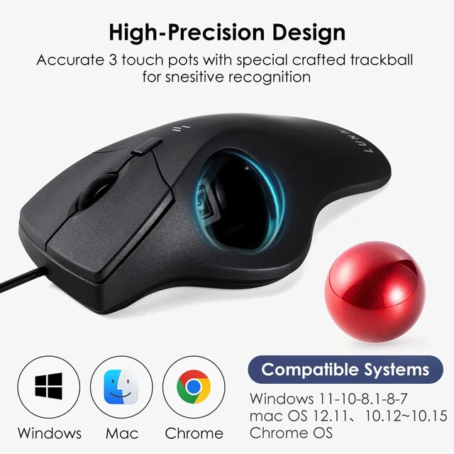 Alt view image 6 of 7 - Wired Ergonomic Trackball Mouse, Optical Rollerball Mice, Programmable Silent Buttons, 40mm Trackball, 600/800/1200/1600 Adjustable DPI, Compatible with MacBook, Laptop, Windows, macOS