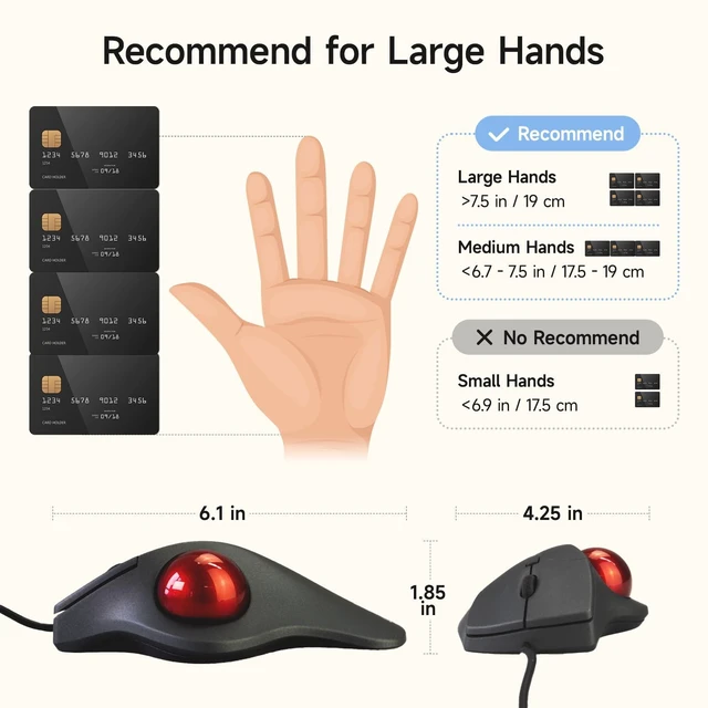 Alt view image 7 of 7 - Wired Ergonomic Trackball Mouse, Optical Rollerball Mice, Programmable Silent Buttons, 40mm Trackball, 600/800/1200/1600 Adjustable DPI, Compatible with MacBook, Laptop, Windows, macOS