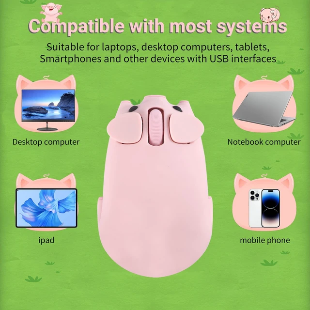 Alt view image 3 of 6 - Cute Pig Design Wireless Mouse Dual Mode Bluetooth & USB Mouse, Silent Operation, Ergonomic, Perfect for Laptops & PCs, Ideal Gift for Animal Lovers and Family (Pink)