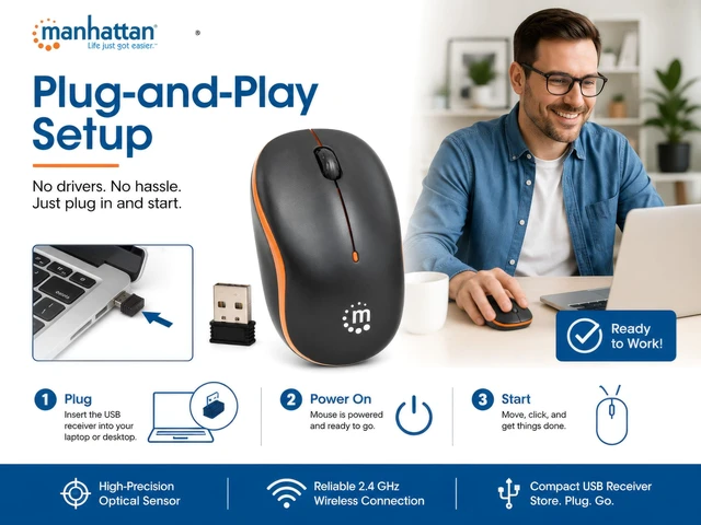 Alt view image 3 of 7 - Success Wireless Optical Mouse, 1000 DPI, USB, Black/Orange | 2.4GHz RF desktop pointer, 1000 dpi tracking, scroll wheel, nano receiver, Windows and Mac compatible | 179409