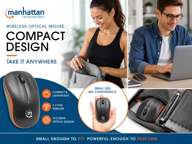 Alt view image 4 of 7 - Success Wireless Optical Mouse, 1000 DPI, USB, Black/Orange | 2.4GHz RF desktop pointer, 1000 dpi tracking, scroll wheel, nano receiver, Windows and Mac compatible | 179409