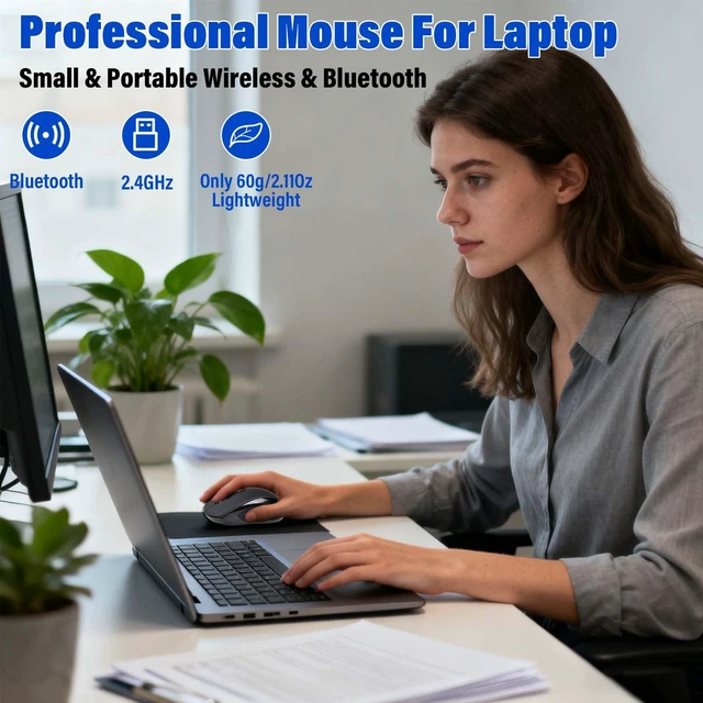 Alt view image 2 of 7 - Portable Wireless Bluetooth Laptop Mouse for Travel,Lightweight DPI 4000,Dual-Mode 2.4GHz/BT3/BT5,Smart Power-Saving Mode,Ideal for Home/Office/Laptop/Computer/MacBook Mini Air Pro