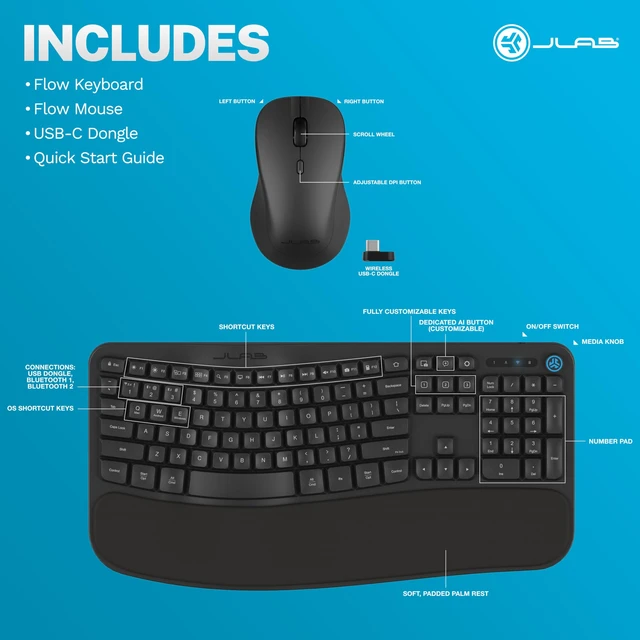 Alt view image 7 of 7 - Flow Keyboard and Mouse Bundle, Wireless Bluetooth or USB-C, AI Button, smart Media knob, ambidextrous Mouse, Black