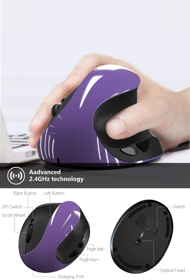 Alt view image 6 of 6 - Ergonomic Vertical Mouse, Wireless 2.4G High Precision Rechargeable Ergonomic Mouse Optical Mice with Adjustable DPI 800/1200/1600, Reduce Wrist Strain, Specially for Small-handers Right-handers