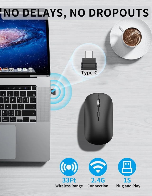 Alt view image 2 of 7 - USB C Wireless Mouse, Slim Compact Silent Type C Mac Mouse - Black | 2.4G Cordless Computer Mouse, Quiet Click, 3 Adjustable DPI for MacBook Air/Pro/Neo, Laptop, PC, Chromebook, Tablet, iPad