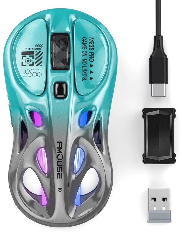 Main image of Wireless Mouse Gaming, Tri-Mode 2.4G Bluetooth Wired, Turquoise-Gray | Stylish Hollow RGB | Charge While Using | Custom Macro Programming | Efficient Office | 4800 DPI | Mac iPad Laptop | 65g