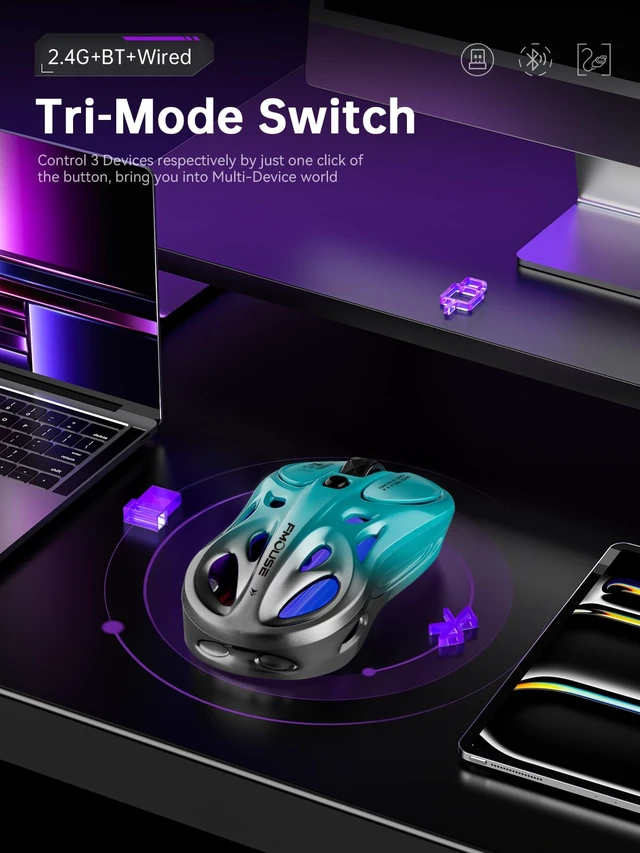 Alt view image 2 of 6 - Wireless Mouse Gaming, Tri-Mode 2.4G Bluetooth Wired, Turquoise-Gray | Stylish Hollow RGB | Charge While Using | Custom Macro Programming | Efficient Office | 4800 DPI | Mac iPad Laptop | 65g