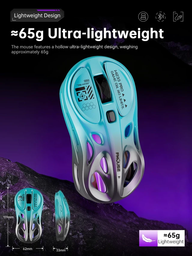 Alt view image 3 of 6 - Wireless Mouse Gaming, Tri-Mode 2.4G Bluetooth Wired, Turquoise-Gray | Stylish Hollow RGB | Charge While Using | Custom Macro Programming | Efficient Office | 4800 DPI | Mac iPad Laptop | 65g