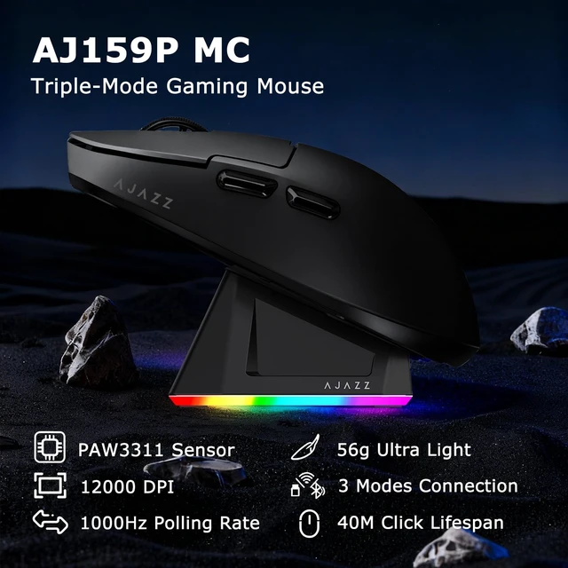 Alt view image 2 of 7 - AJ159P MC Wireless Gaming Mouse, 12000 DPI, Tri-Mode 2.4G/Bluetooth/Wired, Magnetic RGB Charging Dock, 56g Ultra-Light, Programmable 6 Buttons - Perfect for Gaming, Work & Travel (Black)