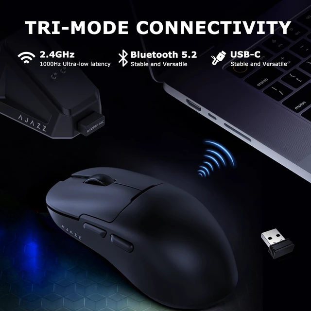 Alt view image 3 of 7 - AJ159P MC Wireless Gaming Mouse, 12000 DPI, Tri-Mode 2.4G/Bluetooth/Wired, Magnetic RGB Charging Dock, 56g Ultra-Light, Programmable 6 Buttons - Perfect for Gaming, Work & Travel (Black)