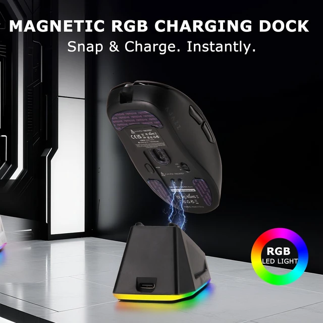 Alt view image 4 of 7 - AJ159P MC Wireless Gaming Mouse, 12000 DPI, Tri-Mode 2.4G/Bluetooth/Wired, Magnetic RGB Charging Dock, 56g Ultra-Light, Programmable 6 Buttons - Perfect for Gaming, Work & Travel (Black)