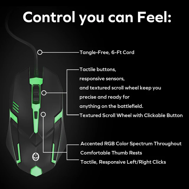 Alt view image 3 of 7 - Wired Gaming Mouse, Ergonomic RGB LED USB Mouse for PC/Mac/Laptop, 1500 DPI | Optical Sensor, Ambidextrous, 6-Ft Tangle-Free Cable, Plug & Play, Low-Latency, Compatible With Linux, Xbox, PS4/PS5