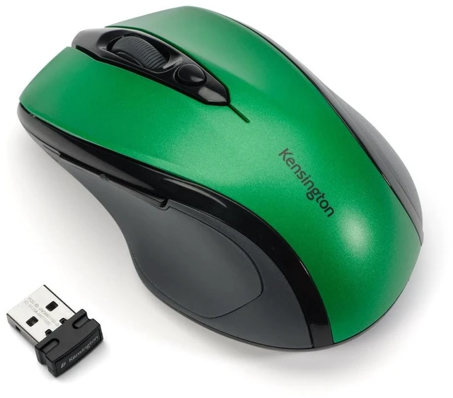 Main image of Pro Fit Mid-Size Wireless Mouse, Emerald Green (K72424AM) | 1750 dpi high definition sensor, long range 2.4 GHz radio, nano dongle tucks inside, scroll and speed select controls