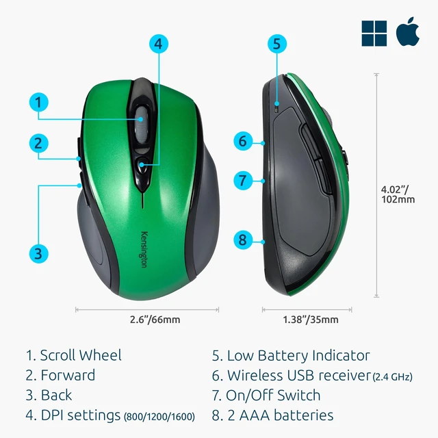 Alt view image 2 of 5 - Pro Fit Mid-Size Wireless Mouse, Emerald Green (K72424AM) | 1750 dpi high definition sensor, long range 2.4 GHz radio, nano dongle tucks inside, scroll and speed select controls