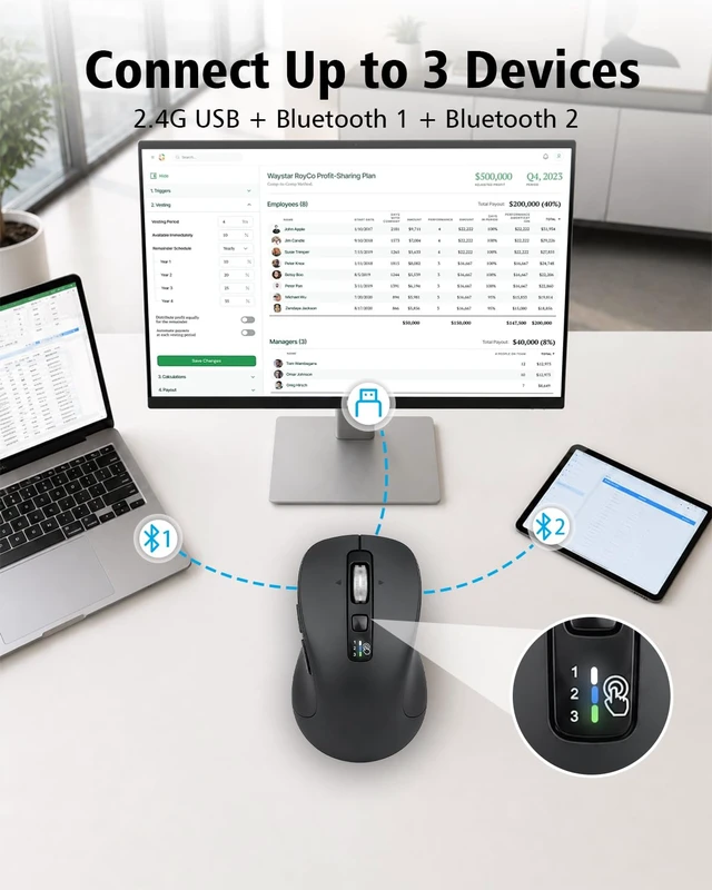 Alt view image 2 of 7 - L360S Wireless Bluetooth Mouse for Small Hands, Multi-Device | Ergonomic Mouse with 5 Programmable Buttons, 4-Way Metal Scroll Wheel, 4800 DPI, Silent Click, for Laptop, PC, Mac
