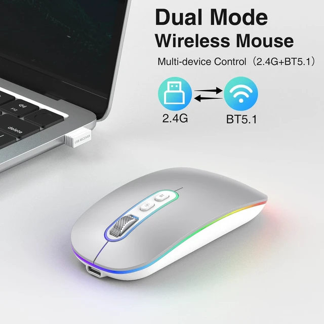 Alt view image 2 of 7 - Rechargeable Wireless Mouse, Dual Mode Mouse-Silver | 2.4G & BT Slim Mouse for MacBook,Silent Click, 1600 DPI for Office Travel Mac Air Pro/PC/Laptop/Computer