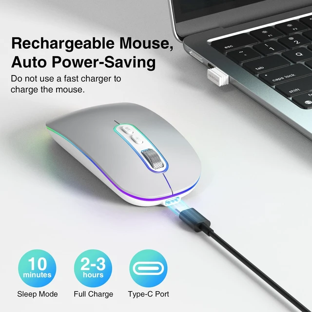 Alt view image 3 of 7 - Rechargeable Wireless Mouse, Dual Mode Mouse-Silver | 2.4G & BT Slim Mouse for MacBook,Silent Click, 1600 DPI for Office Travel Mac Air Pro/PC/Laptop/Computer