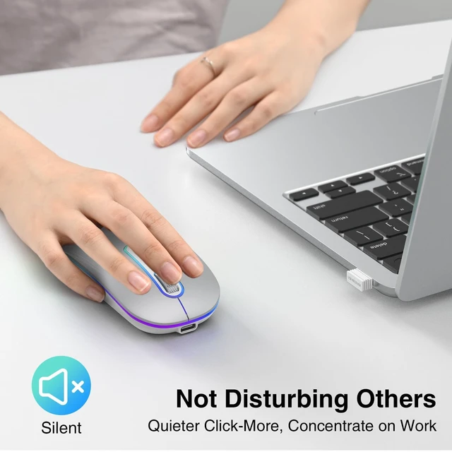 Alt view image 4 of 7 - Rechargeable Wireless Mouse, Dual Mode Mouse-Silver | 2.4G & BT Slim Mouse for MacBook,Silent Click, 1600 DPI for Office Travel Mac Air Pro/PC/Laptop/Computer