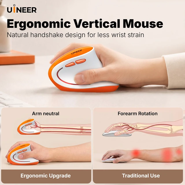 Alt view image 3 of 7 - Ergonomic Vertical Mouse, Tri-Mode Wireless, Rechargeable, 4 DPI | Bluetooth 5.0/4.0 and 2.4GHz USB Receiver, 3-Device Switching and LED Light for Laptop, MacBook, iPad and PC