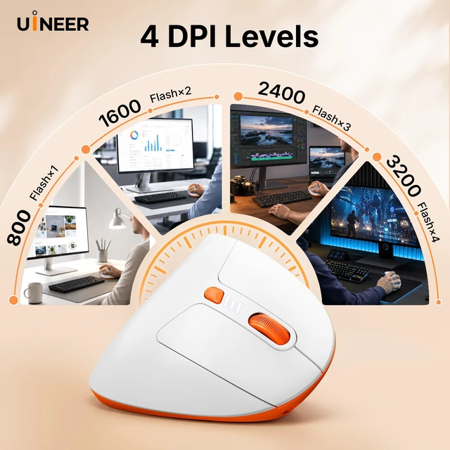 Alt view image 7 of 7 - Ergonomic Vertical Mouse, Tri-Mode Wireless, Rechargeable, 4 DPI | Bluetooth 5.0/4.0 and 2.4GHz USB Receiver, 3-Device Switching and LED Light for Laptop, MacBook, iPad and PC