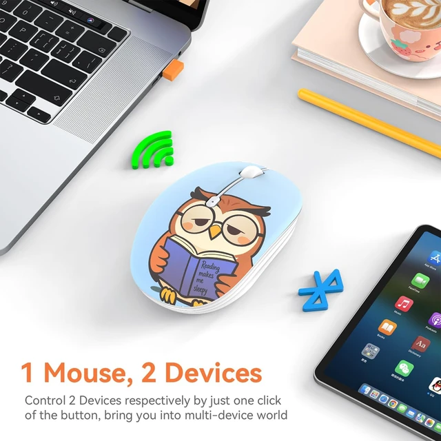 Alt view image 2 of 7 - Cute Cartoon Silent Wireless Mouse, Dual Mode Bluetooth & USB 2.4G | Sleepy Book Owl, Ideal for Kids Students Back to School | AA Battery Powered | Compatible with Laptop Mac iPad Tablet >