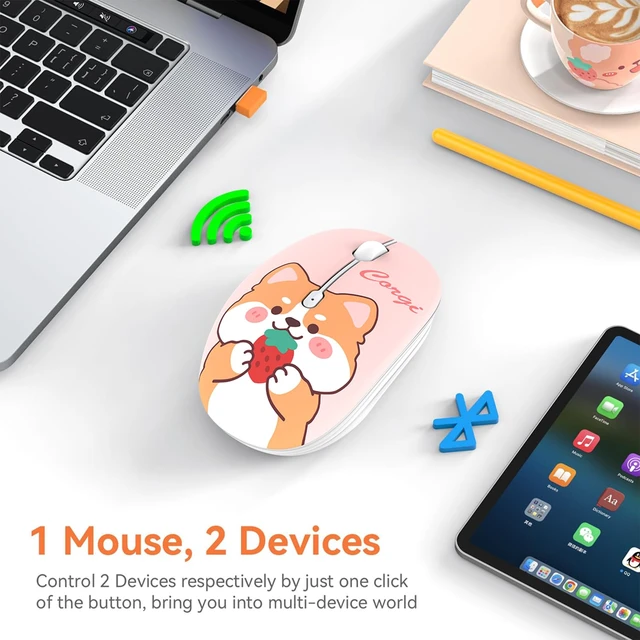 Alt view image 2 of 7 - Cute Cartoon Silent Wireless Mouse, Dual Mode Bluetooth & USB 2.4G | Strawberry Corgi, Ideal for Kids Girls Students Back to School | AA Battery Powered | Compatible with Laptop Mac iPad Tablet