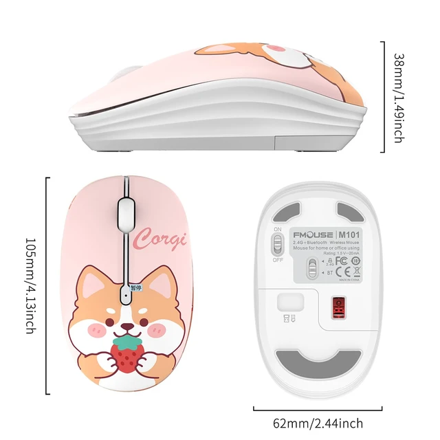 Alt view image 7 of 7 - Cute Cartoon Silent Wireless Mouse, Dual Mode Bluetooth & USB 2.4G | Strawberry Corgi, Ideal for Kids Girls Students Back to School | AA Battery Powered | Compatible with Laptop Mac iPad Tablet