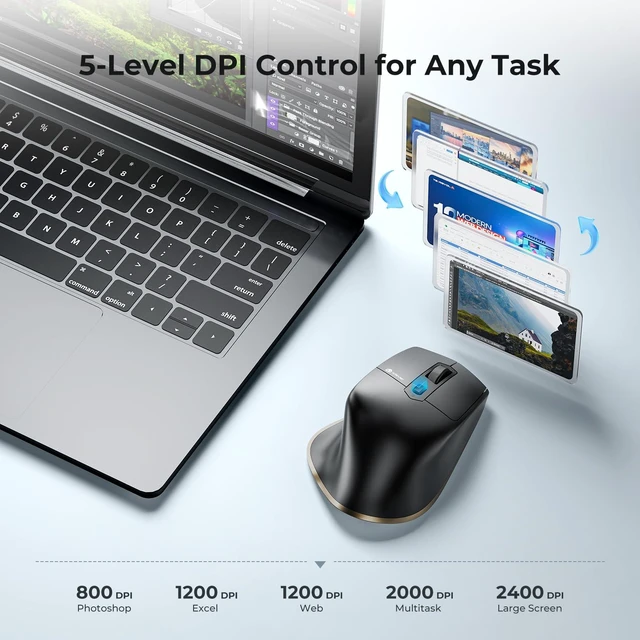 Alt view image 4 of 7 - Wireless Mouse, Dual-Mode (BT 5.1&2.4G) Bluetooth Mouse for Laptop | 3-Device Bluetooth & 2.4G Switching, Silent Click, Ergonomic, 5-Level DPI, USB-C Rechargeable for MacBook, Laptop, PC, Tablet