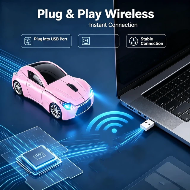 Alt view image 6 of 7 - Wireless Mouse Cute Sport Pink Car Mice,Small Portable Lightweight Optical Cool Girly Mice, Fun Home Office School Gift for Boy Girl Men Women Kids Mom Dad,USB Mouse for PC Laptop Computer MacBook