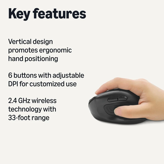 Alt view image 2 of 7 - 6-Button Vertical Wireless Mouse for Laptop & Desktop PC, Right-Handed, Adjustable DPI, Medium to Large Palm Sizes, Black