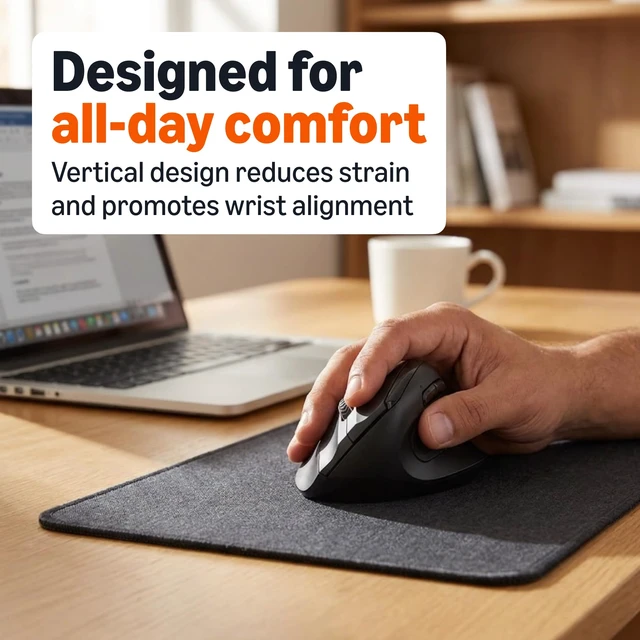 Alt view image 3 of 7 - 6-Button Vertical Wireless Mouse for Laptop & Desktop PC, Right-Handed, Adjustable DPI, Medium to Large Palm Sizes, Black