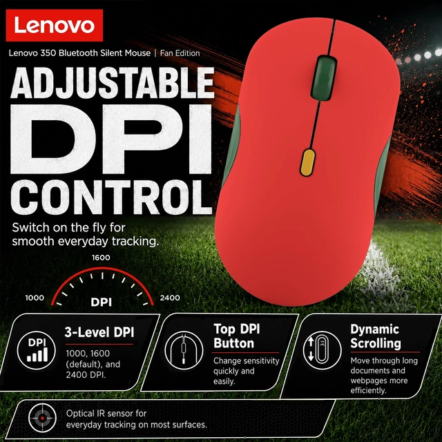 Alt view image 3 of 7 - 350 Bluetooth Silent Mouse (Fan Edition), Wireless Ergonomic Ambidextrous Design, Bluetooth 5.3, Adjustable DPI up to 2400, 36 Month Battery Life, Recycled Materials, Portugal Flag