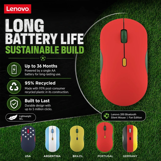 Alt view image 4 of 7 - 350 Bluetooth Silent Mouse (Fan Edition), Wireless Ergonomic Ambidextrous Design, Bluetooth 5.3, Adjustable DPI up to 2400, 36 Month Battery Life, Recycled Materials, Portugal Flag