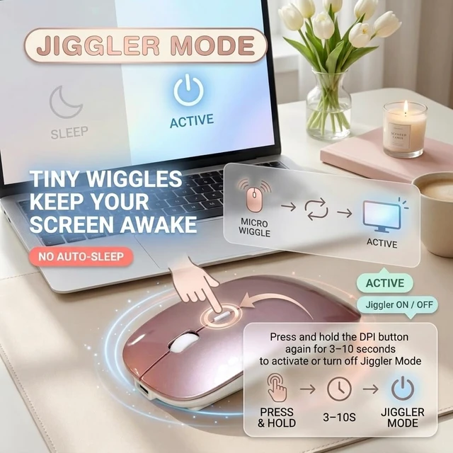 Alt view image 2 of 6 - Wireless Bluetooth Mouse for Mac Air MacBook Pro Laptop PC Pad Optical Rechargeable Silent Mouse with Jiggler Mode Dual Mode Switch Bluetooth 5.2/3.0 and 2.4G USB-A & USB-C Receiver Rose Gold