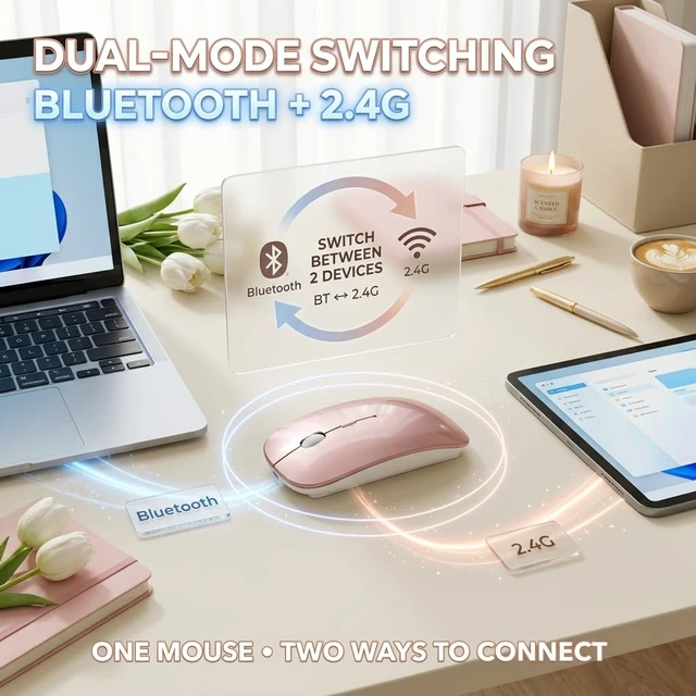 Alt view image 3 of 6 - Wireless Bluetooth Mouse for Mac Air MacBook Pro Laptop PC Pad Optical Rechargeable Silent Mouse with Jiggler Mode Dual Mode Switch Bluetooth 5.2/3.0 and 2.4G USB-A & USB-C Receiver Rose Gold