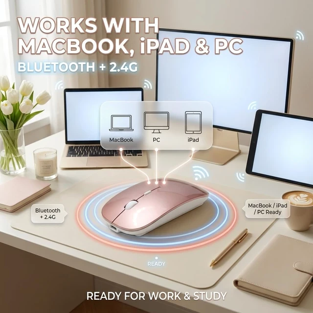Alt view image 4 of 6 - Wireless Bluetooth Mouse for Mac Air MacBook Pro Laptop PC Pad Optical Rechargeable Silent Mouse with Jiggler Mode Dual Mode Switch Bluetooth 5.2/3.0 and 2.4G USB-A & USB-C Receiver Rose Gold