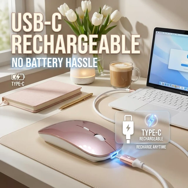 Alt view image 5 of 6 - Wireless Bluetooth Mouse for Mac Air MacBook Pro Laptop PC Pad Optical Rechargeable Silent Mouse with Jiggler Mode Dual Mode Switch Bluetooth 5.2/3.0 and 2.4G USB-A & USB-C Receiver Rose Gold